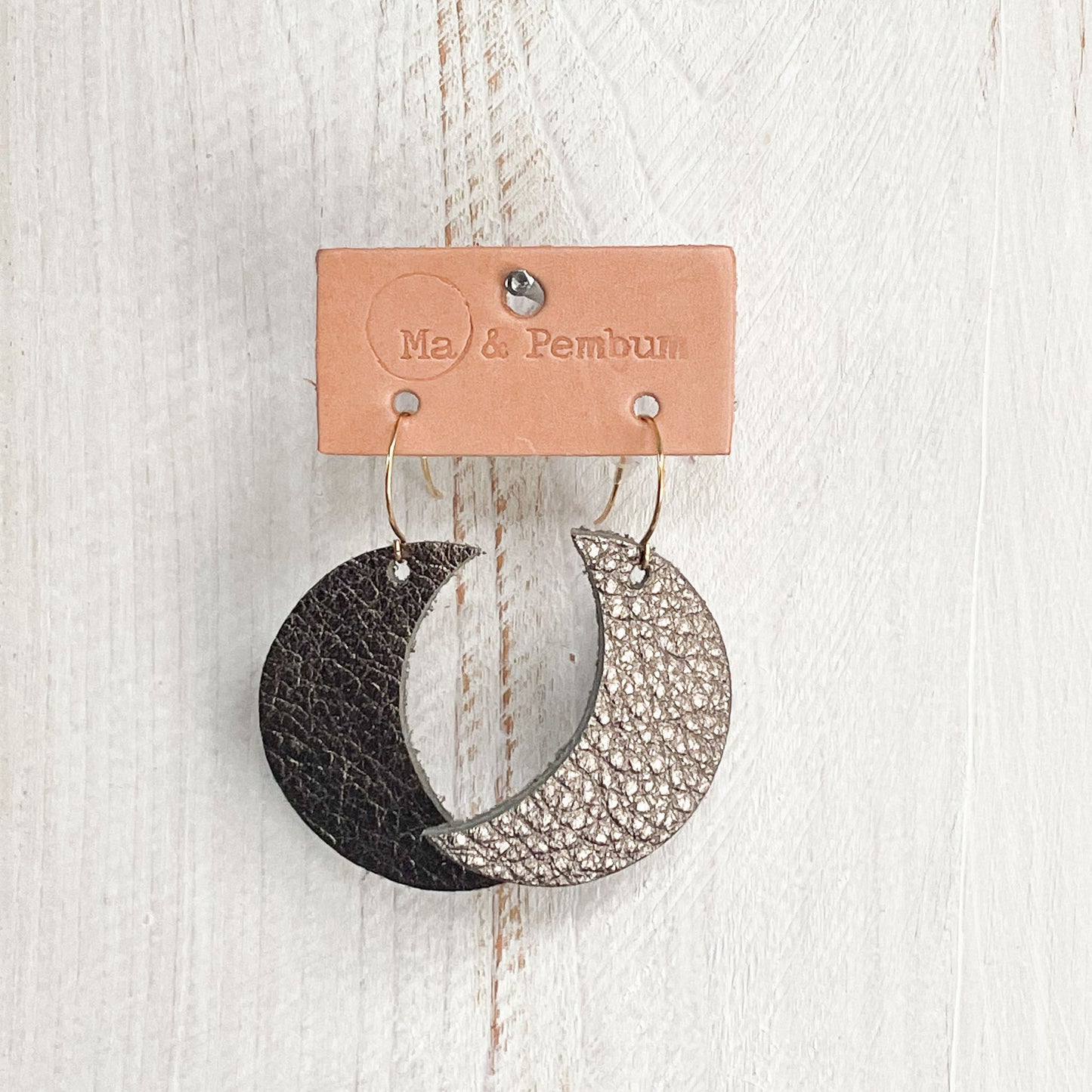 Leather Moon Earrings in Pewter