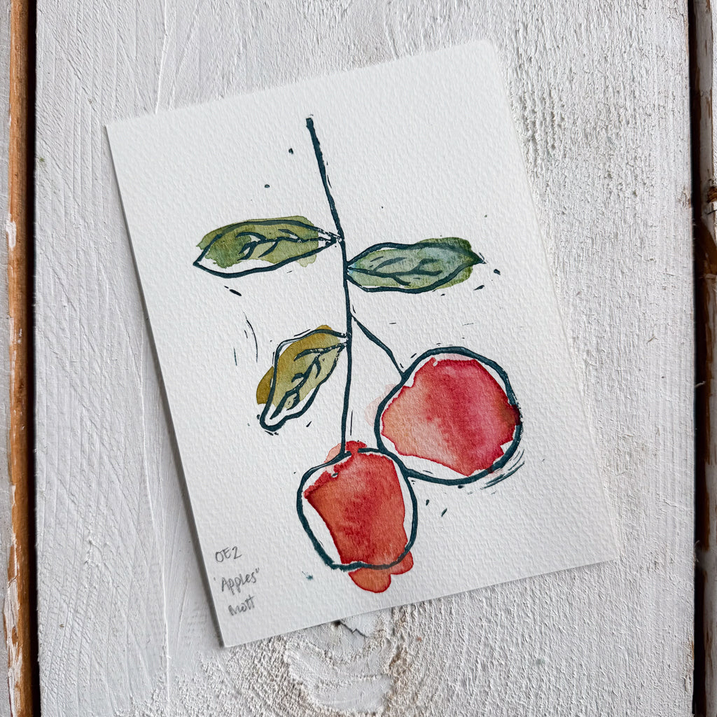 Apples linocut and watercolor print