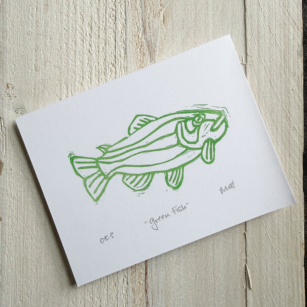 Green fish linocut print