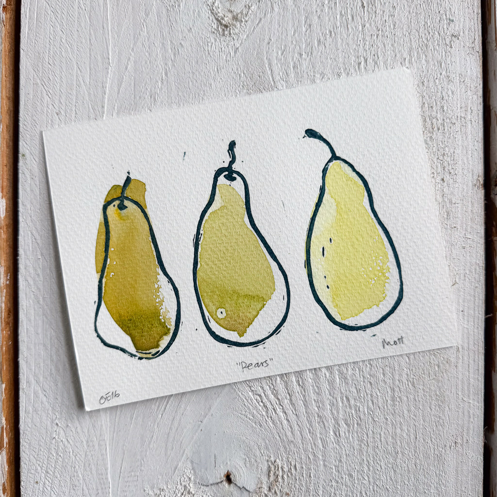 Pears linocut and watercolor print