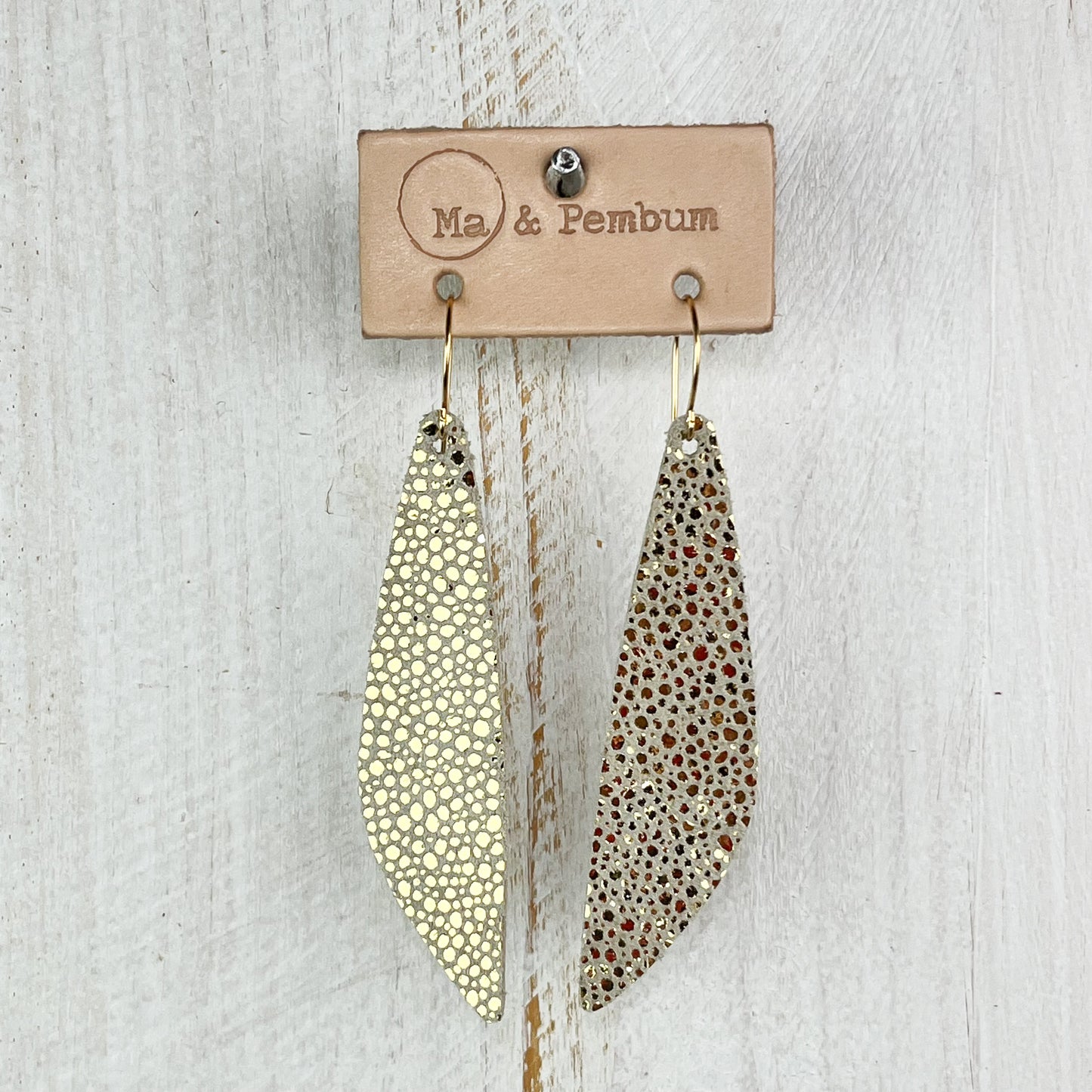 Leather Teardrop Earrings in Gold Bubbles