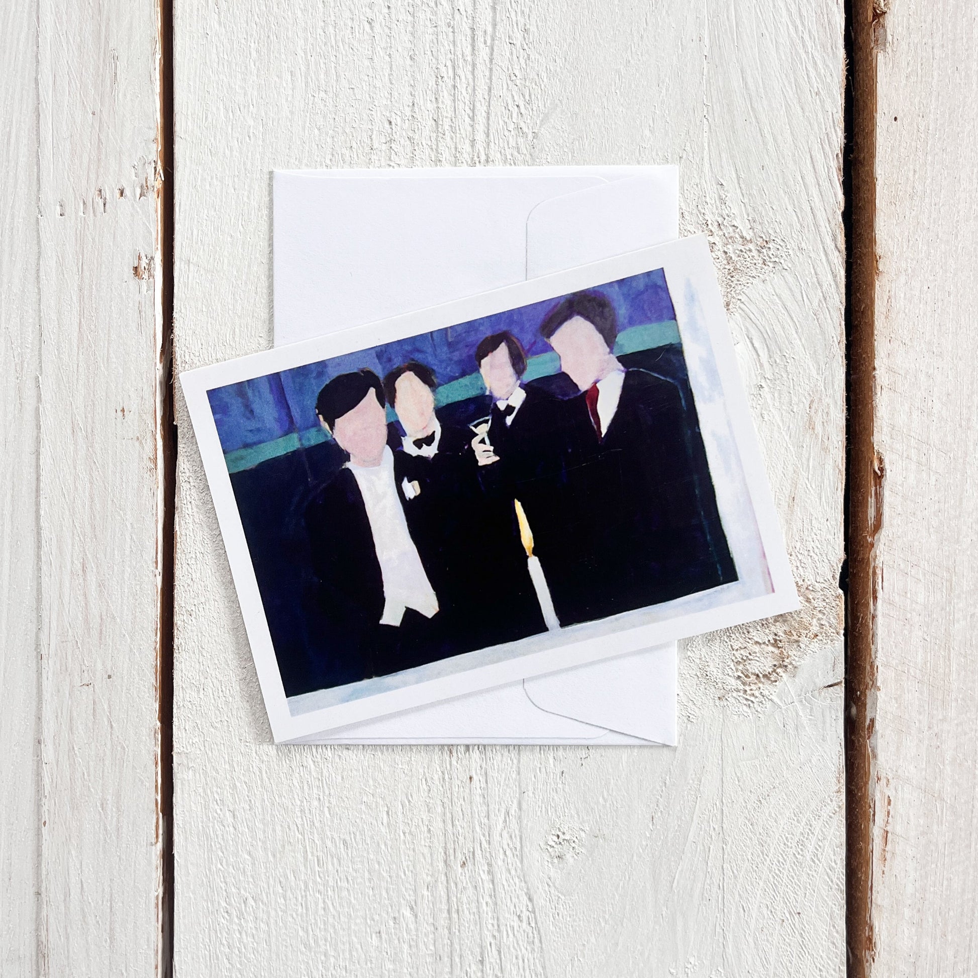 Greeting card with a graphic of four men in suits 