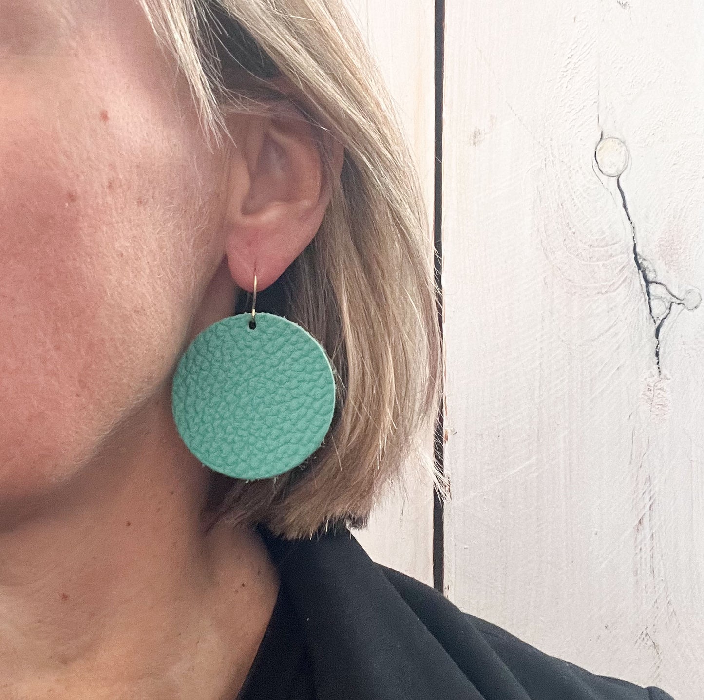 Leather Circle Earrings in Emerald