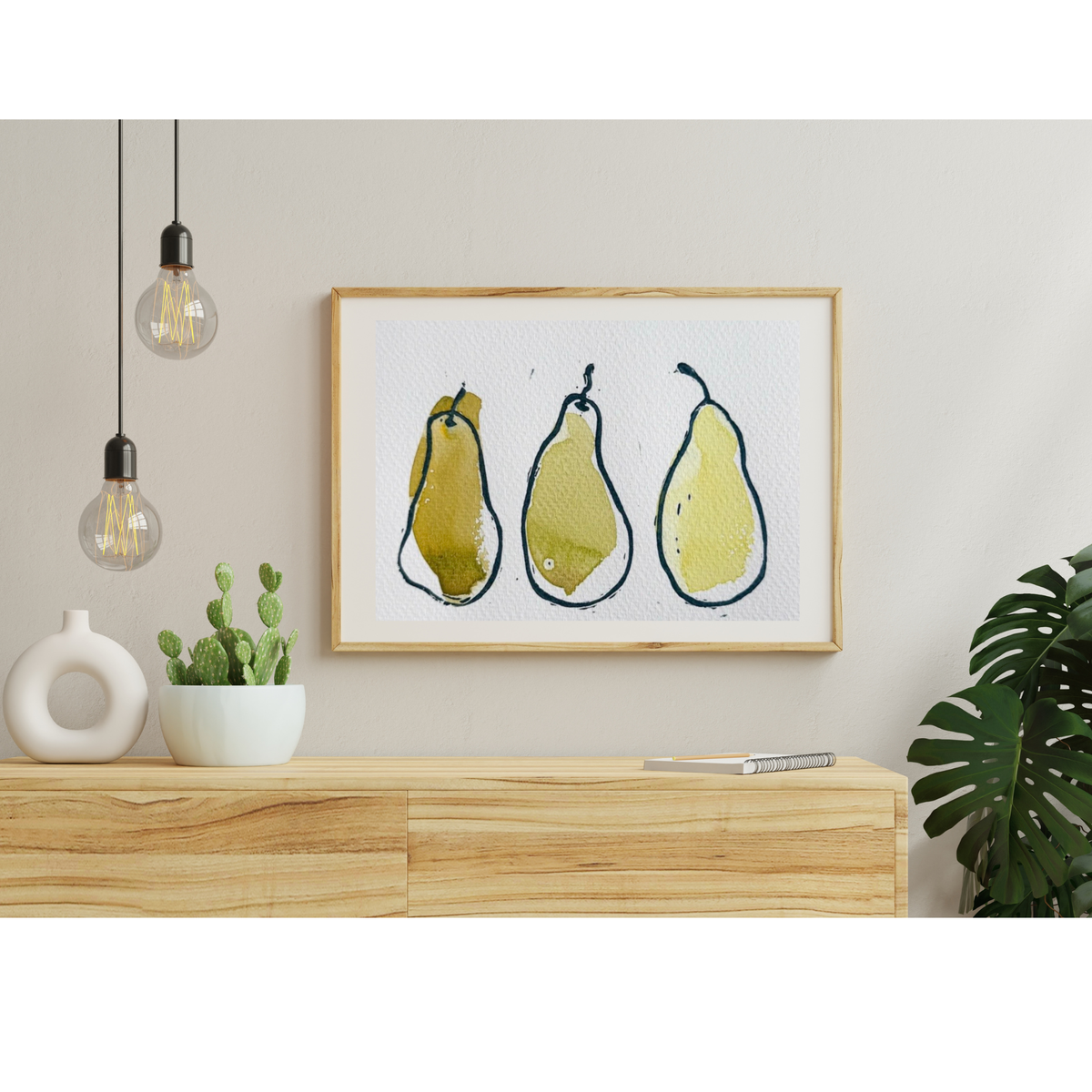 Pears linocut and watercolor print