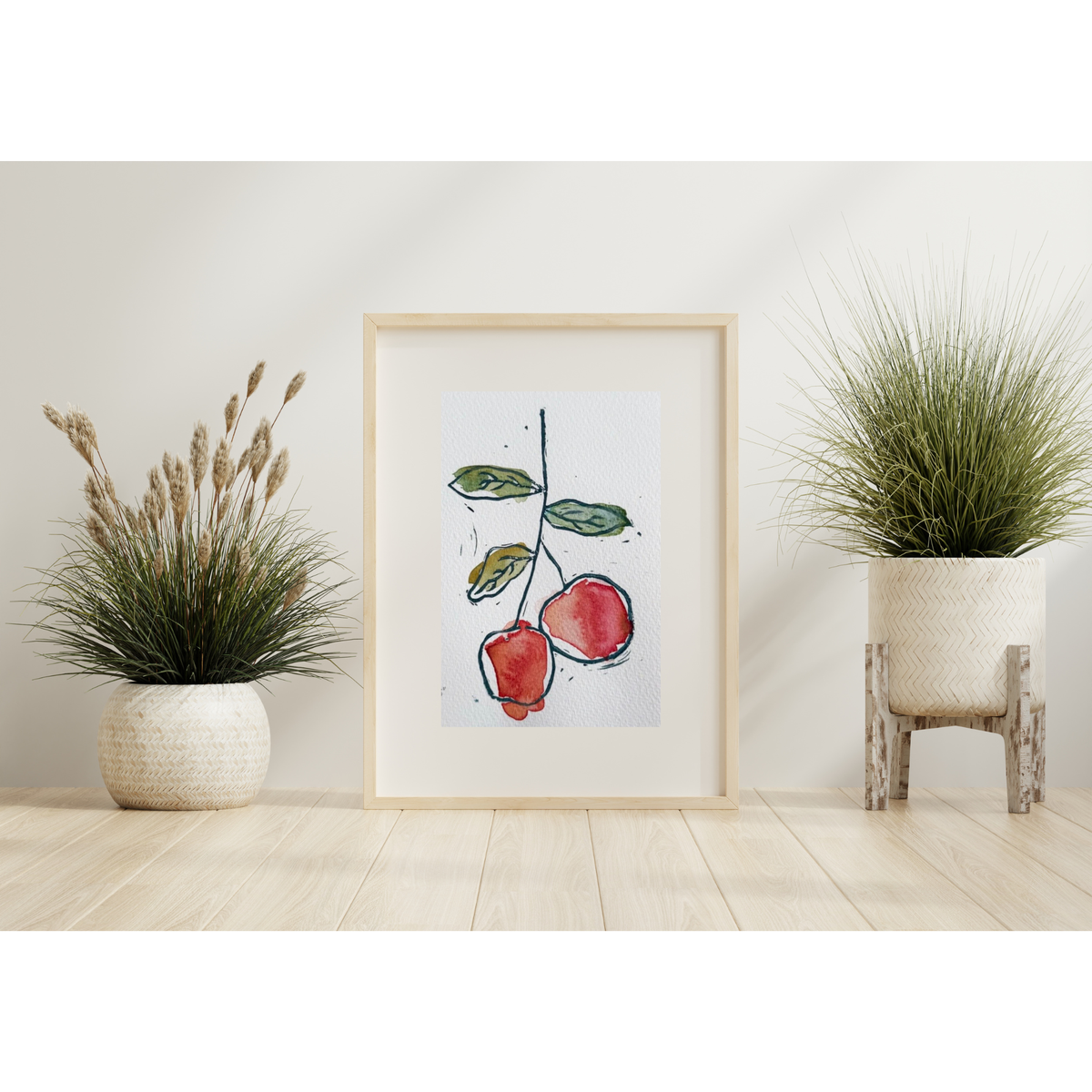 Apples linocut and watercolor print