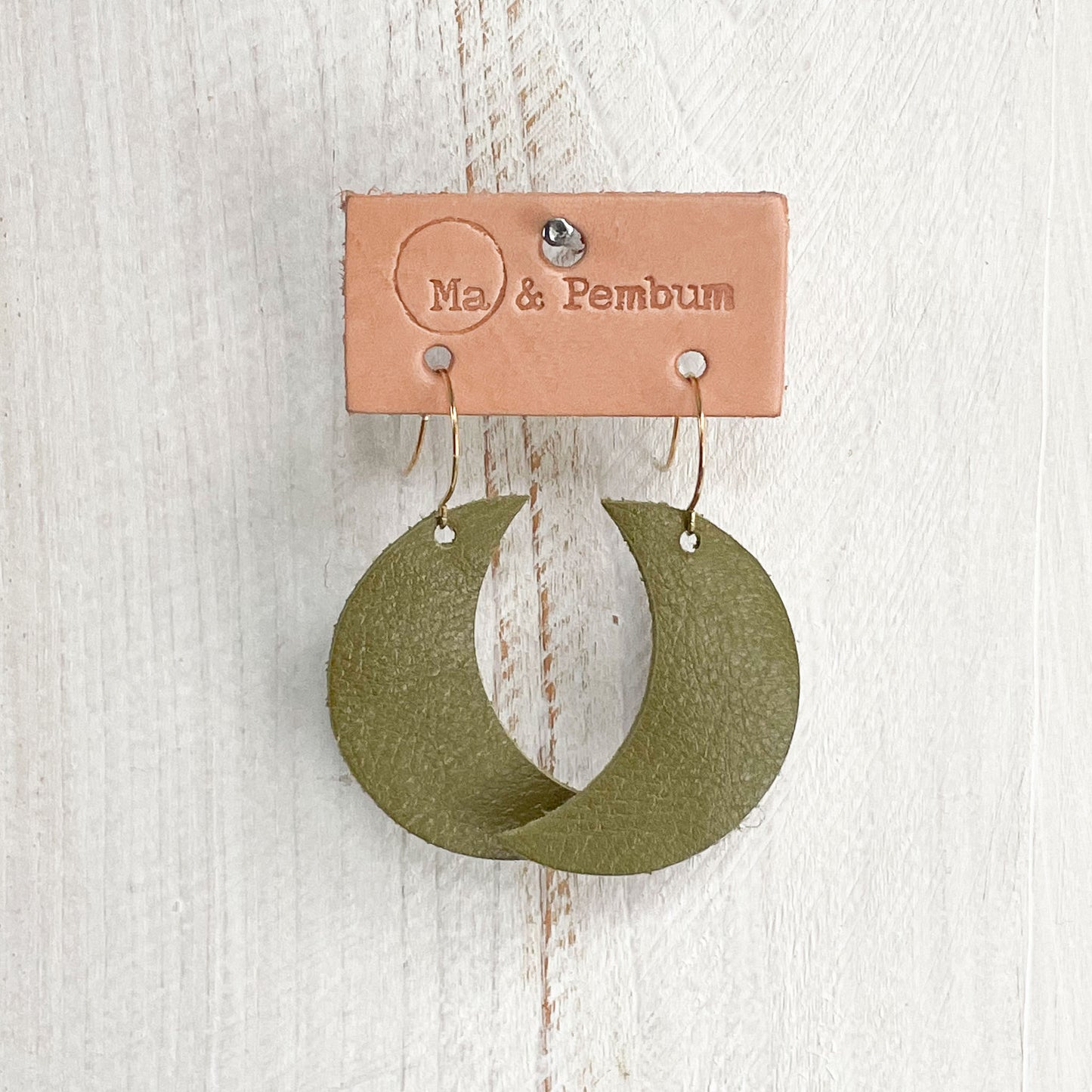 Leather Moon Earrings in Aloe