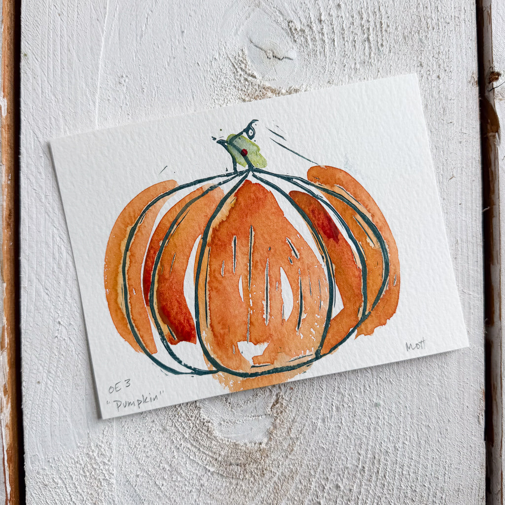 Pumpkins linocut and watercolor print