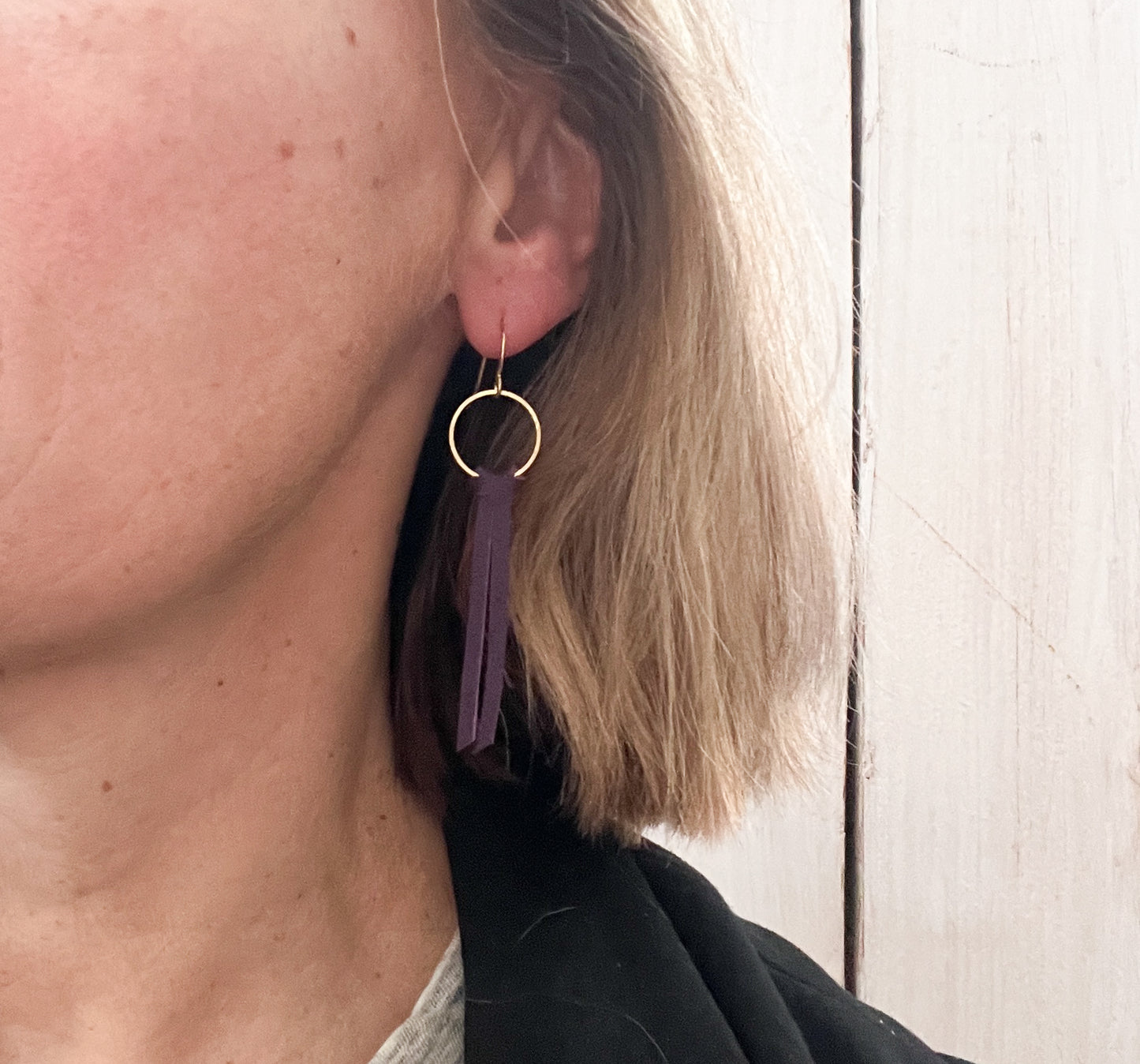 Leather Tiny Tassel Earrings in Violet