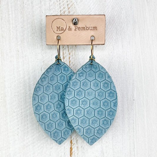 Small Leather Leaf Earrings in Honeycomb Blue