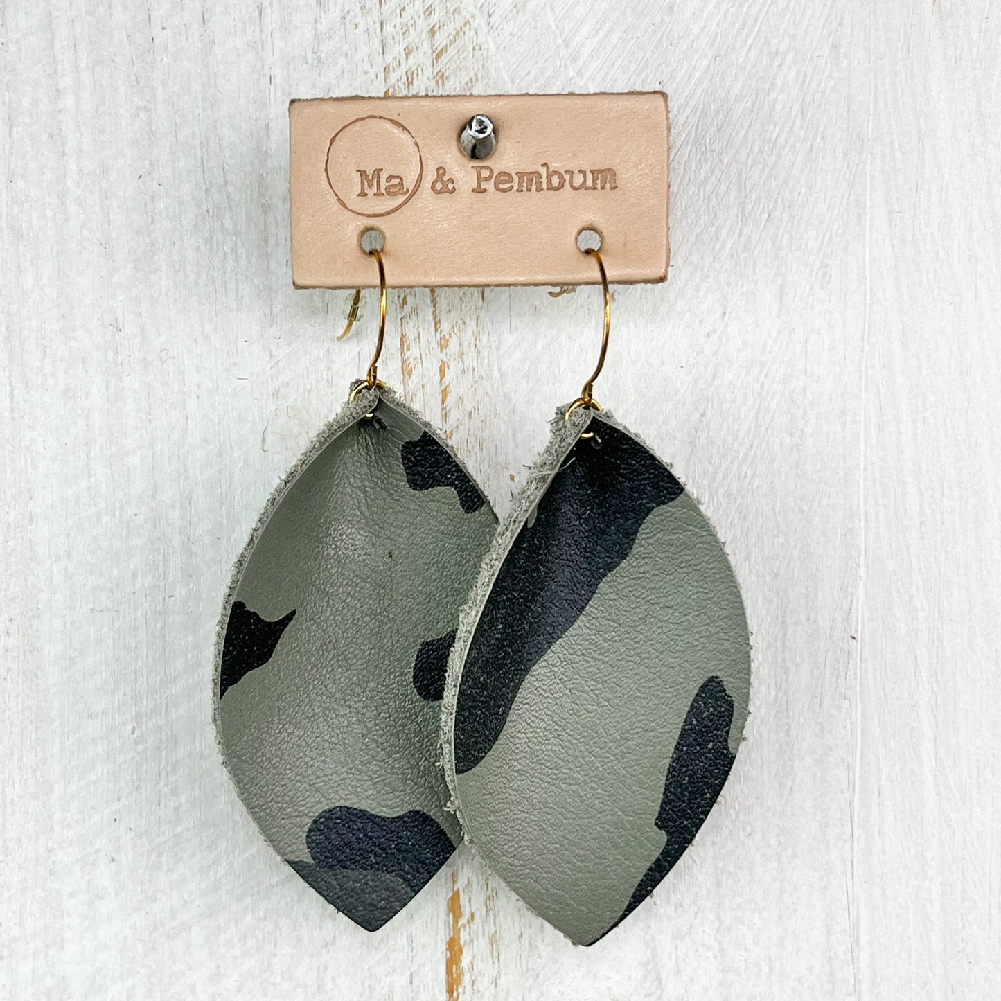 Large Leather Leaf Earrings in Graphite Camo