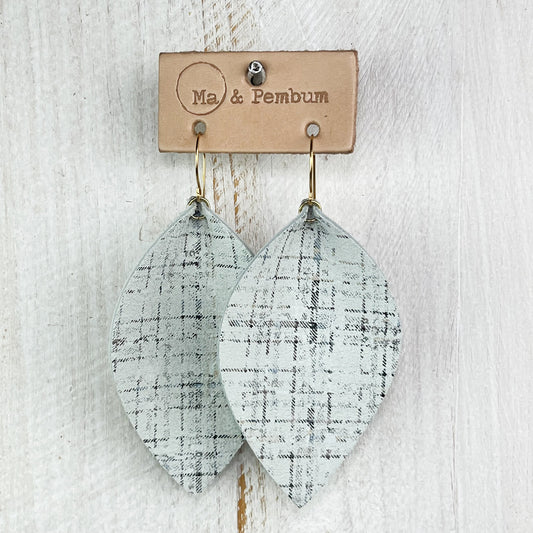 Large Leather Leaf Earrings in White Plaid