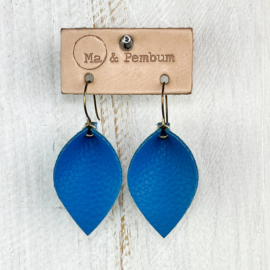 Small Leather Leaf Earrings in Bright Blue
