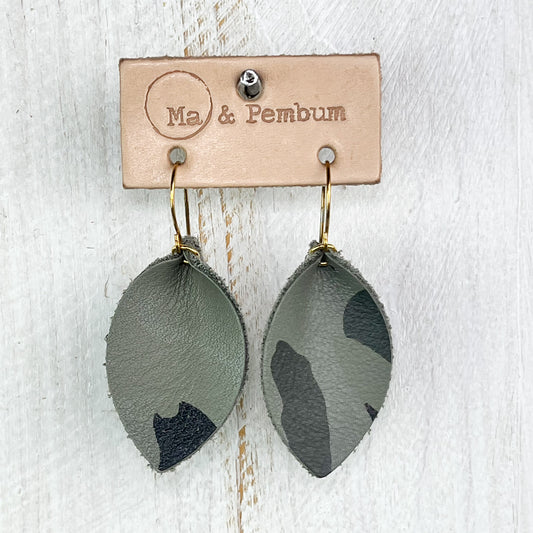 Small Leather Leaf Earrings in Graphite Camo