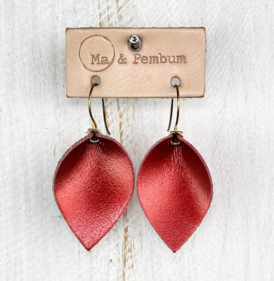 Small Leather Leaf Earrings in Red Sheen
